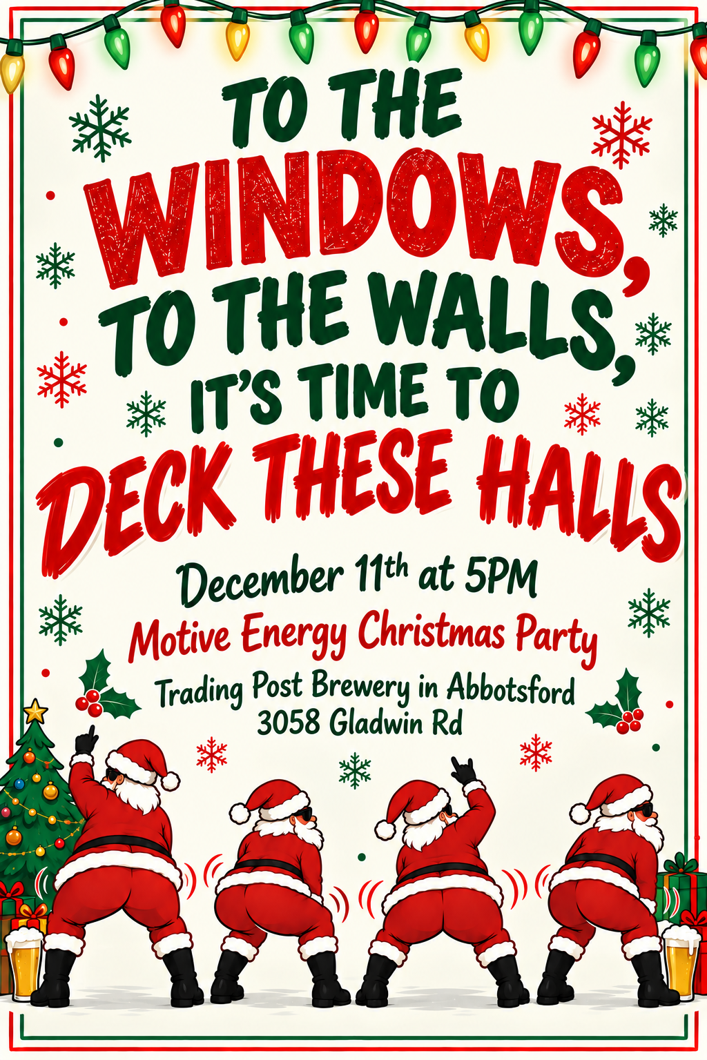 Amanda’s Motive Energy Christmas Party poster. December 11 at 5 p.m., Trading Post Brewery, 3058 Gladwin Road, Abbotsford.